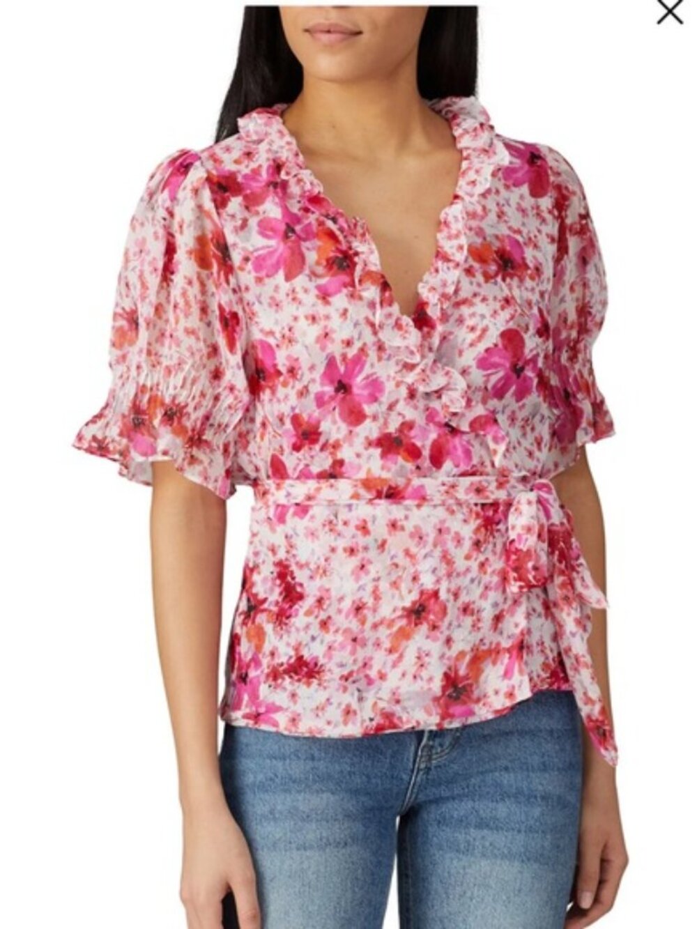 Misa Los Angeles Pink Red Floral Ruffle Wrap Blouse Size M